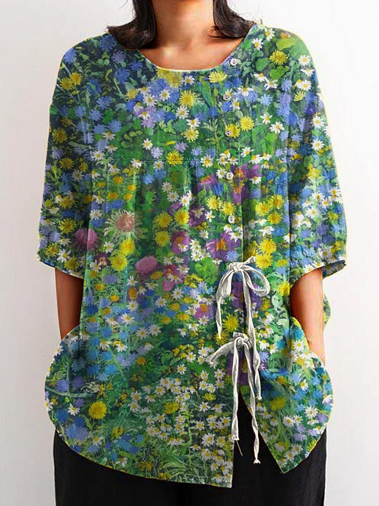 Women's Vintage Floral Art Print Casual Cotton And Linen Shirt