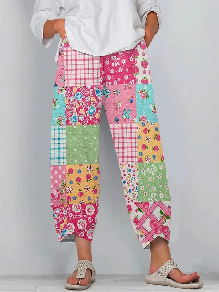 Vintage Contrast Floral Bohemian Loose Cropped Pants