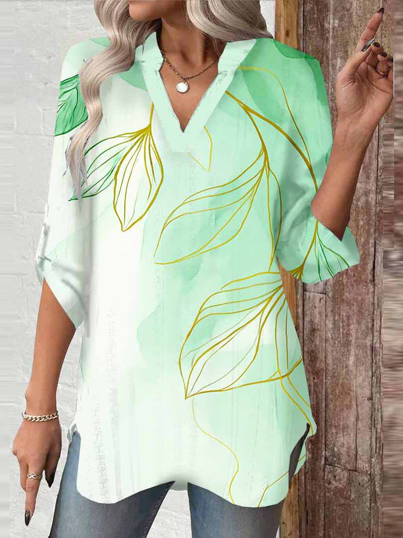 Women Floral,Green DZGA0034 3/4 Sleeve V-neck Printed Graphic Button Tops