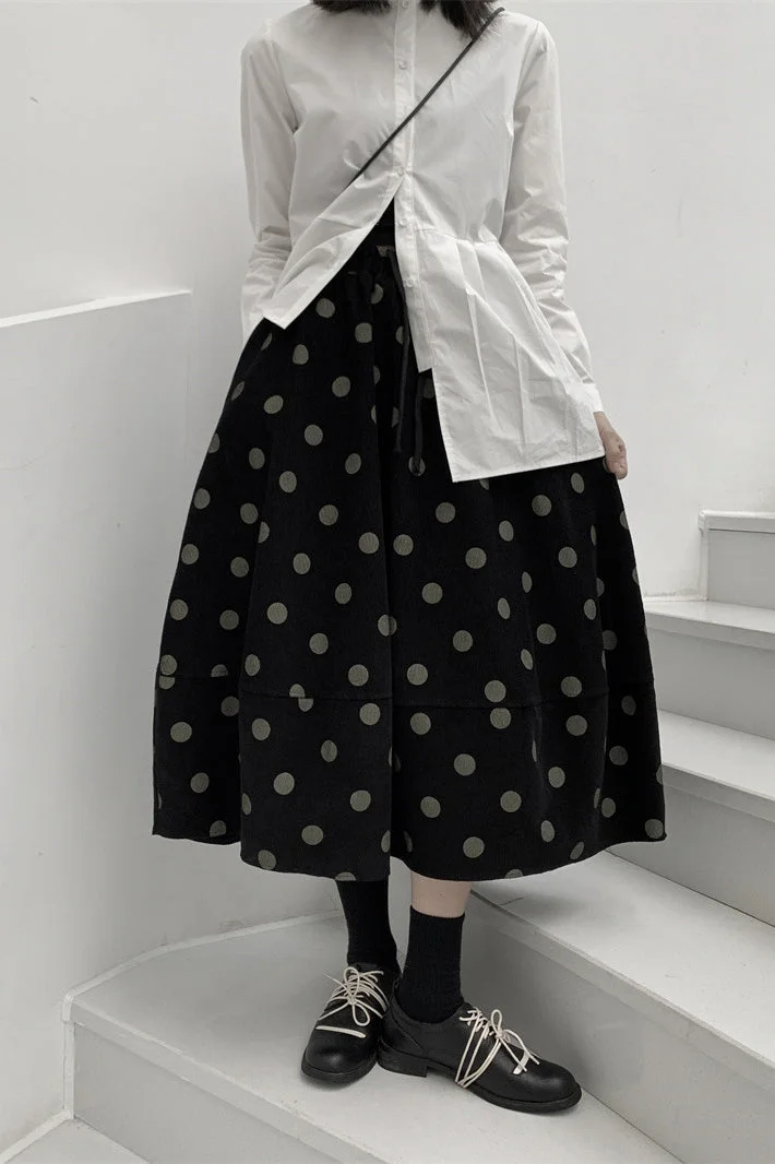 Casual Black Polka-dot Corduroy Puff Skirt