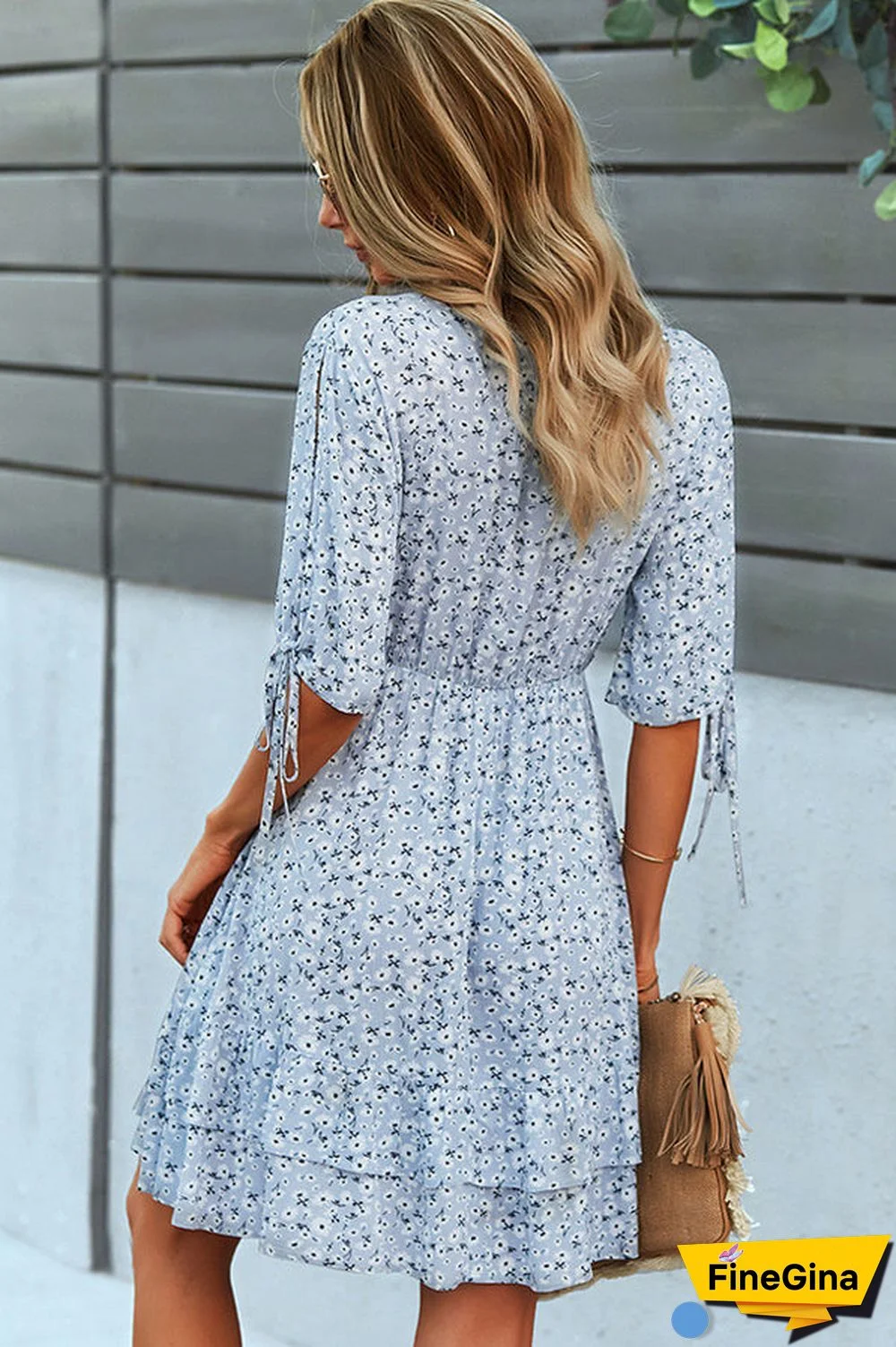 Fashion Floral Print Knot Sleeve Mini Dress