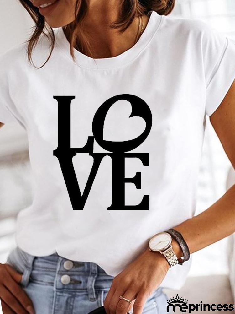 Women Fashion Base Letter Sunflower Cross Print Round Neck Short Sleeve T-Shirt