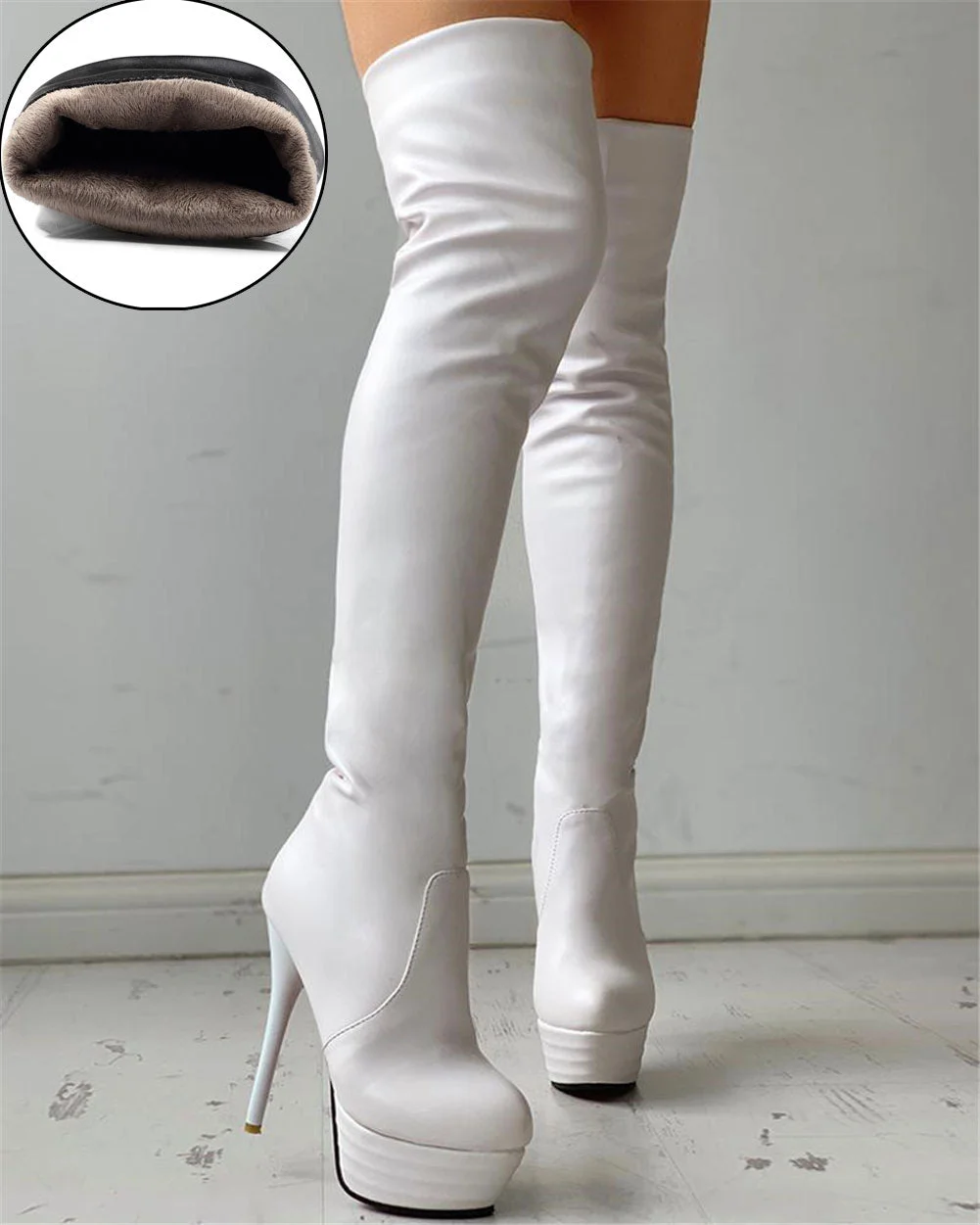Sexy Small Plus Size 31-46 Winter Add Fur Platform Extreme High Fetish Thin Heels Party Shoes Women Over Knee Boots Female
