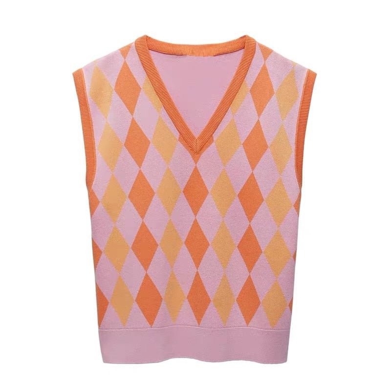 Za Women's Vest Sweaters Knitted Jumpers Patchwork Knit Tops Femme Sleeveless V neck Argyle Knitwears Female Pink Vintage Loose