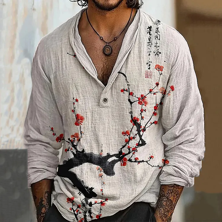 Men's Japanese Sakura Art Long Sleeve Linen Blend Shirt