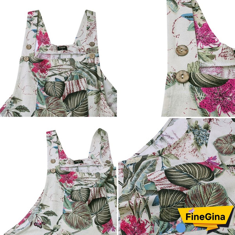 Women Sleeveless Floral Print Cotton Jumpsuits Vintage Bib Pants Long Trousers Plus Size Summer Palazzo Overalls Dungarees