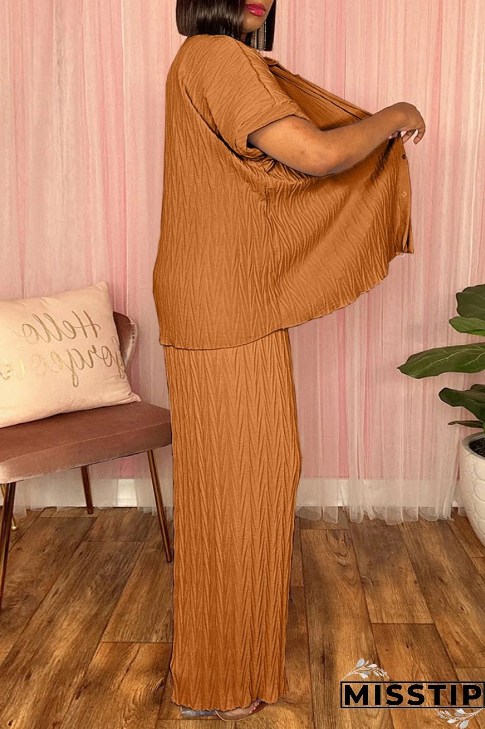 Black Casual Solid Basic Turndown Collar Short Sleeve Two Pieces