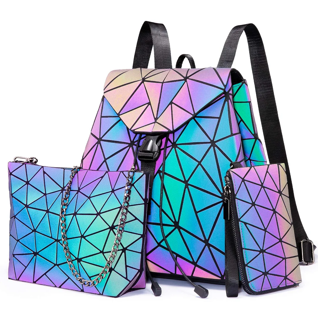 Geometric Luminous Backpack for Women Holographic Reflective Purses Crossbody Bag Wallet