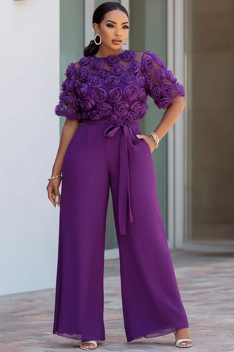 Xpluswear Design Plus Size Formal Purple Round Neck Short Sleeve 3D Wide Leg Jumpsuits [Pre-Order] 2024 - Xpluswear