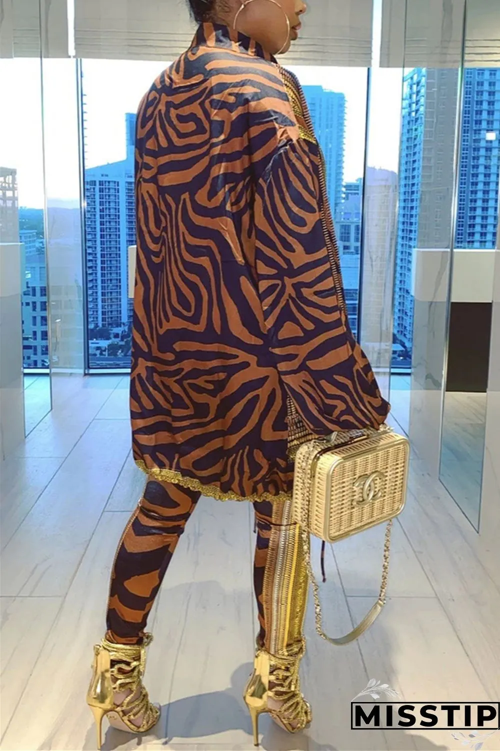 Brown Fashion Casual Long Sleeve Regular Sleeve Regular Print Two Pieces