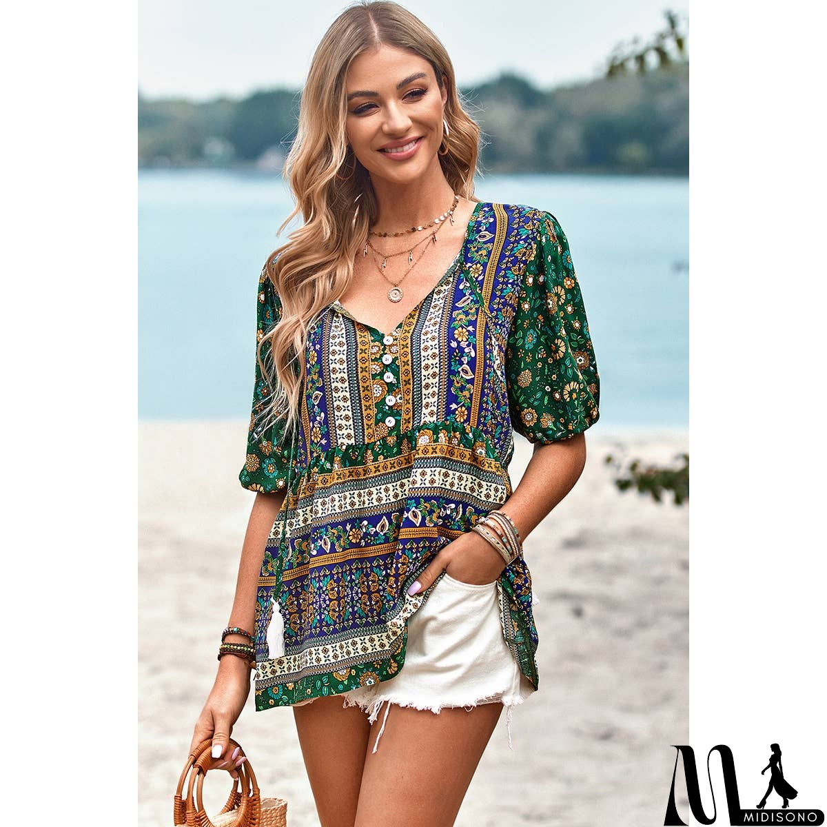 MidiSono - Floral Print Button Deep V Color Block Loose Fit Top