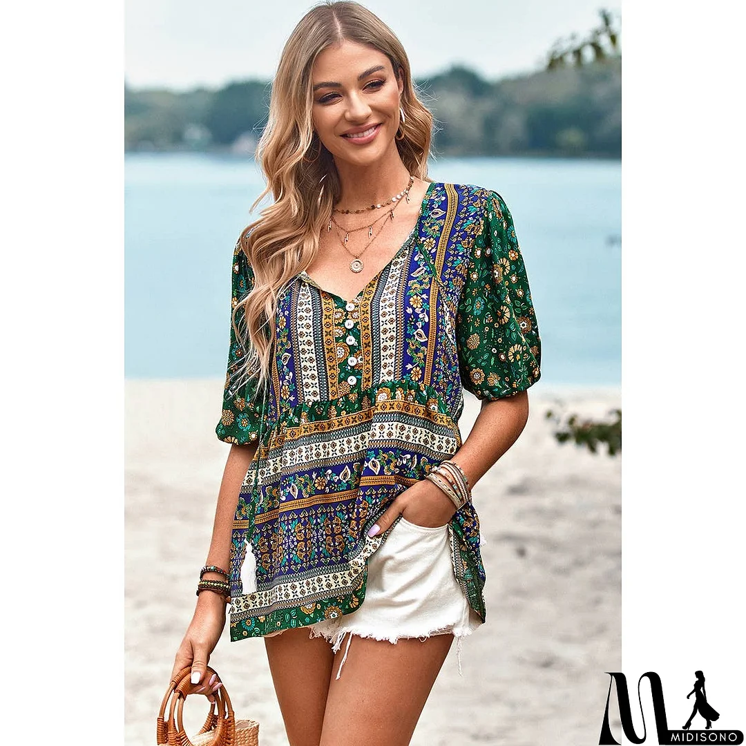 MidiSono - Floral Print Button Deep V Color Block Loose Fit Top