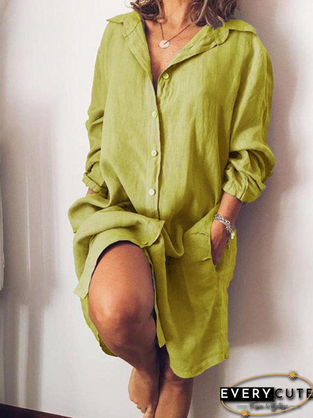 Casual V Neck Long Sleeve Solid Weaving Dress