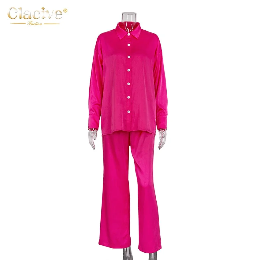 Clacive Autumn Casual Pink Women Sets Fashion Long Sleeve Blouse Shirts High Waist Pants Two Piece Set Wide Leg Trousers Suit