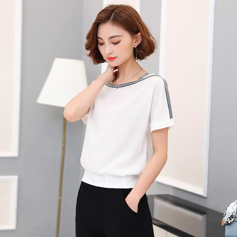 summer new 2020 chiffon women blouse shirt causal plus size short sleeve women tops solid white red yellow color blusas 0370 30