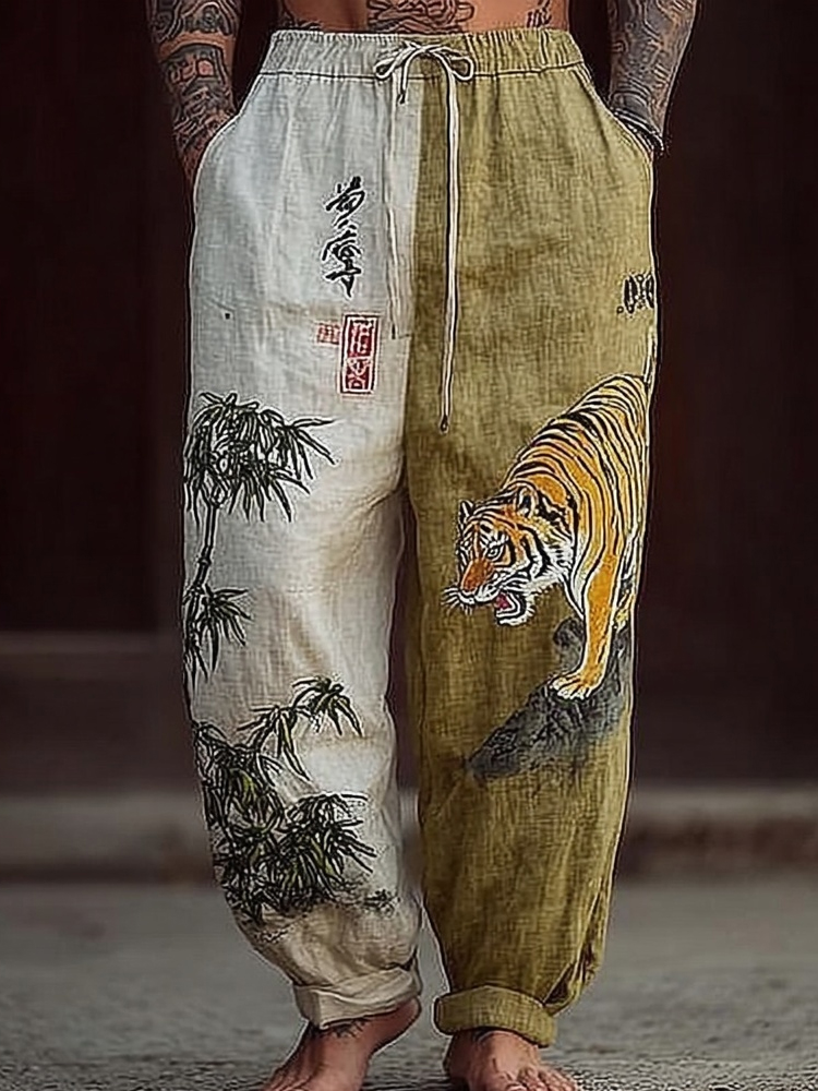 Men's Vintage Japanese Tiger Art Comfy Linen Pants  artssus