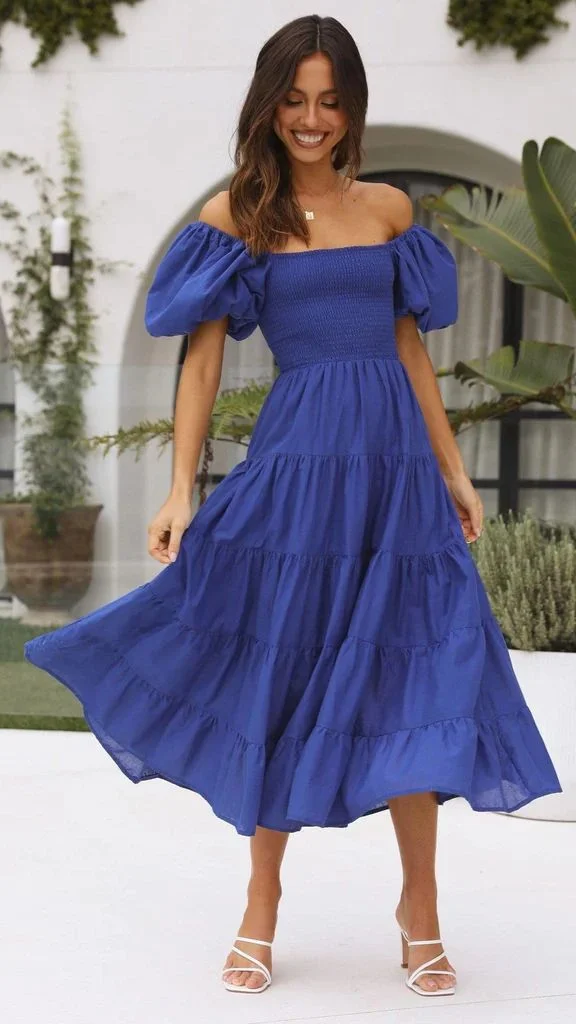 Uveng Puff Sleeve Holiday Slim Looking Long Dresses