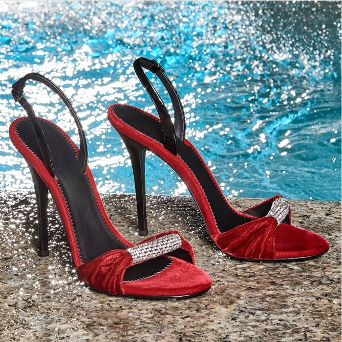Custom Made Red Velvet Rhinestone Slingback Heeled Sandals |FSJ Shoes