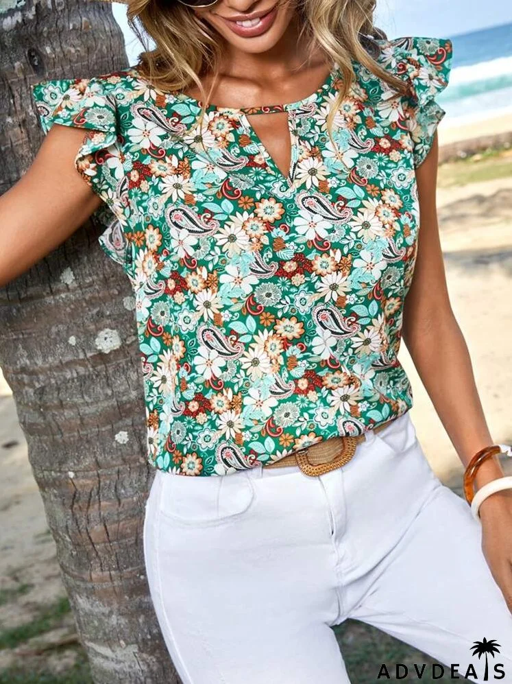 Allover Floral Print Keyhole Neckline Butterfly Sleeve Blouse
