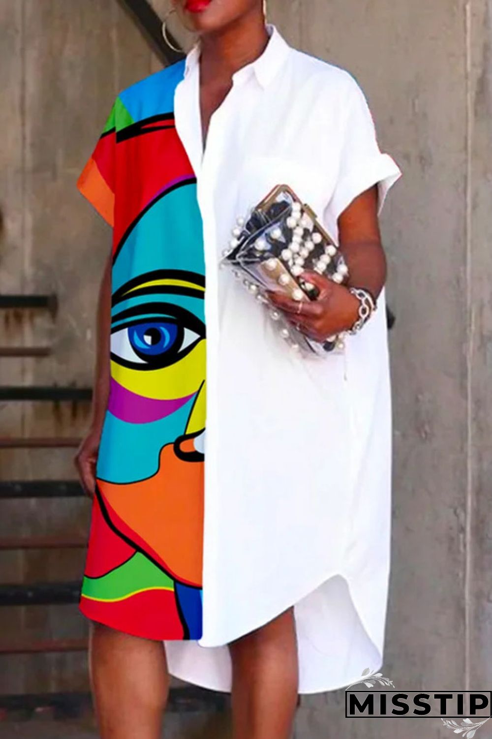 Black White Casual Print Patchwork Buckle Turndown Collar Shirt Dress Dresses