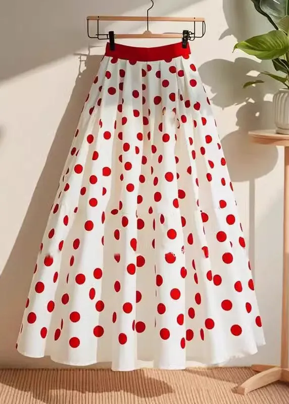 Natural White Dot Print A Line Skirts