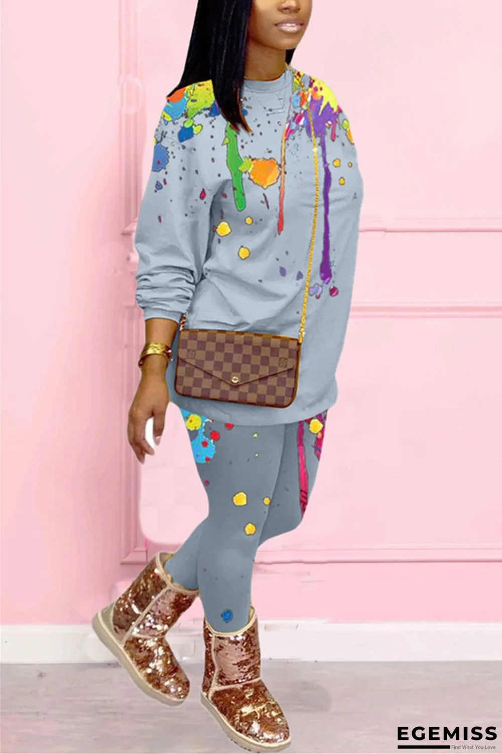 Grey Fashion Casual Adult Print Patchwork O Neck Long Sleeve Regular Sleeve Regular Two Pieces | EGEMISS