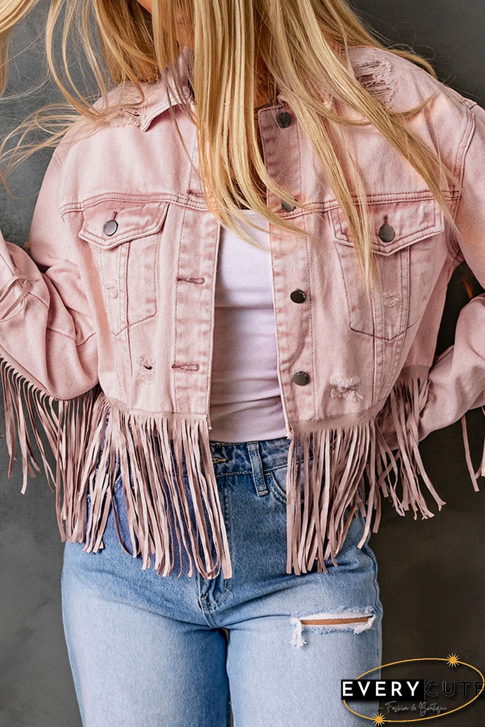Pink Distressed Fringed Cropped Denim Jacket