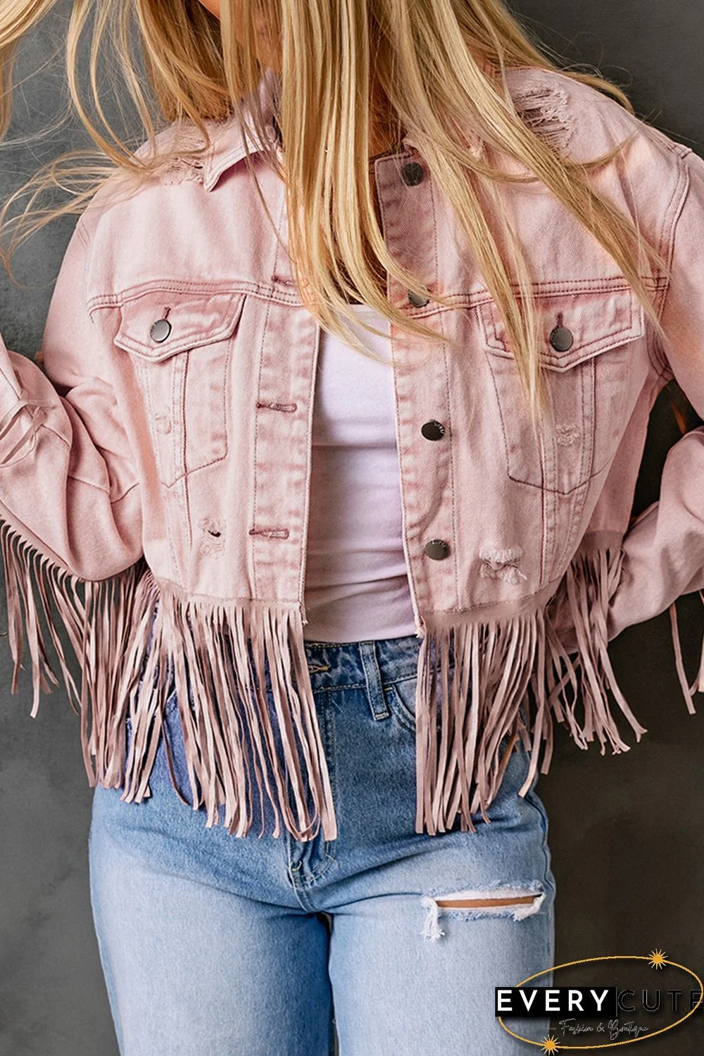 Pink Distressed Fringed Cropped Denim Jacket