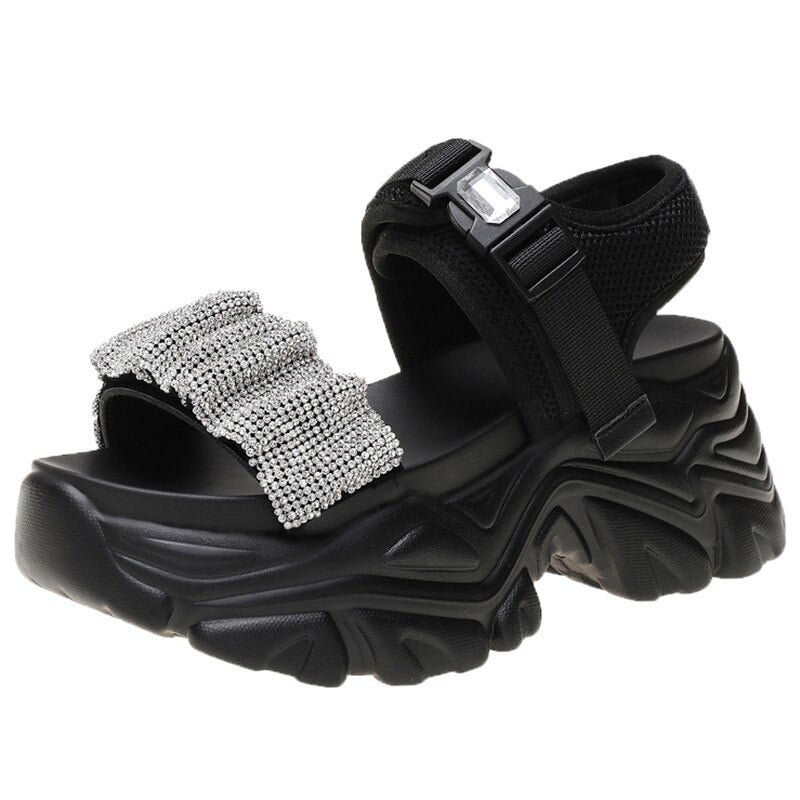 Lucyever Shiny Crystal Platform Sandals Wedges Shoes for Women Chunky Ankle Strap Sport Sandals Woman Breathable Mesh Sandalias