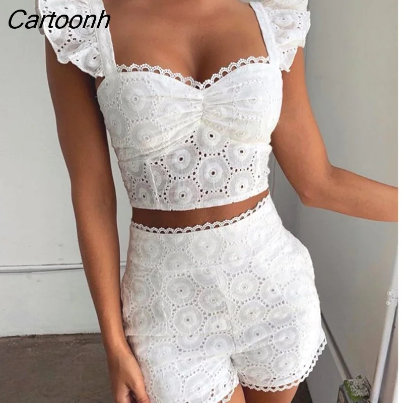 Cartoonh Women's 2 Piece Sets Lace Ruffles Hollow Out Top Shorts Sets 2021 Summer Tracksuit Outfits
