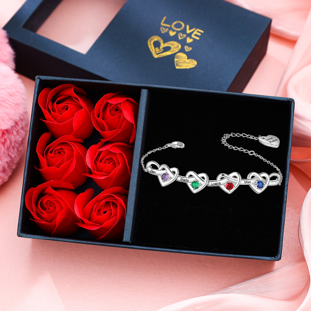 4 Names - Personalized Linked Heart Bracelet Custom 4 Birthstones Engraved Text Bracelets- Mother's Day Gift for Mom/Grandma