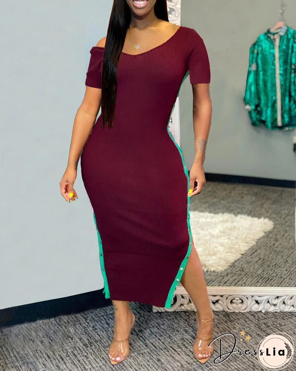 Buttoned Colorblock Casual Slit Dress