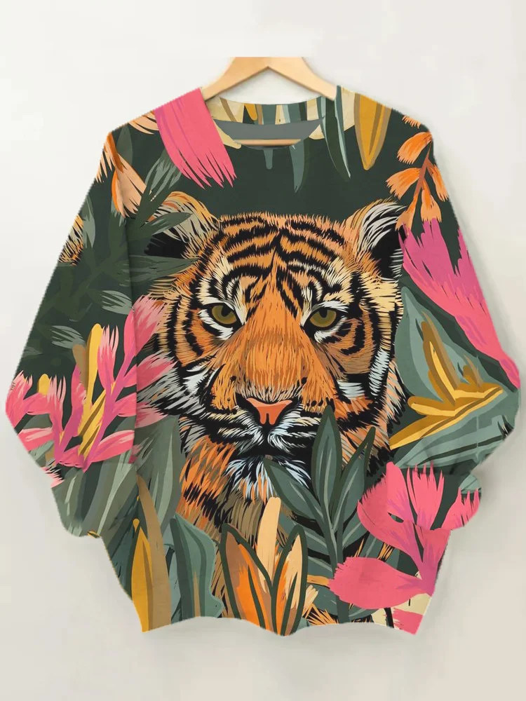 Tiger Floral Art  Print Crew Neck Sweatshirt