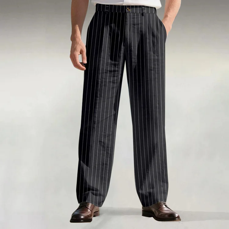 Business Flax Pinstriped Pocket Straight Leg Suit Pants 