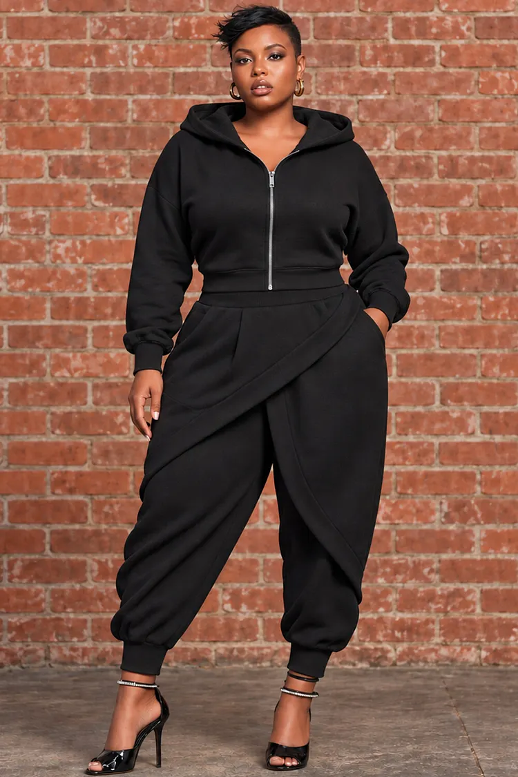 Xpluswear Design Plus Size Daily Black Hoodies Long Sleeve Asymmetric Hem Irregular Hem Pocket Two Piece Pant Sets [Pre-Order] 2024 - Xpluswear