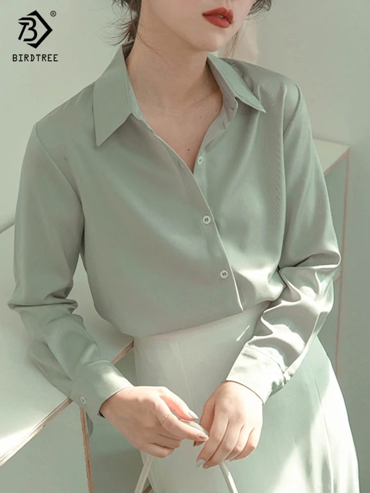 Tlbang New Arrival Women Solid Satin Blouse Full Sleeve Turn-Down Collar Green Shirt Elegant Office Wear Autumn Casual Top T24702X