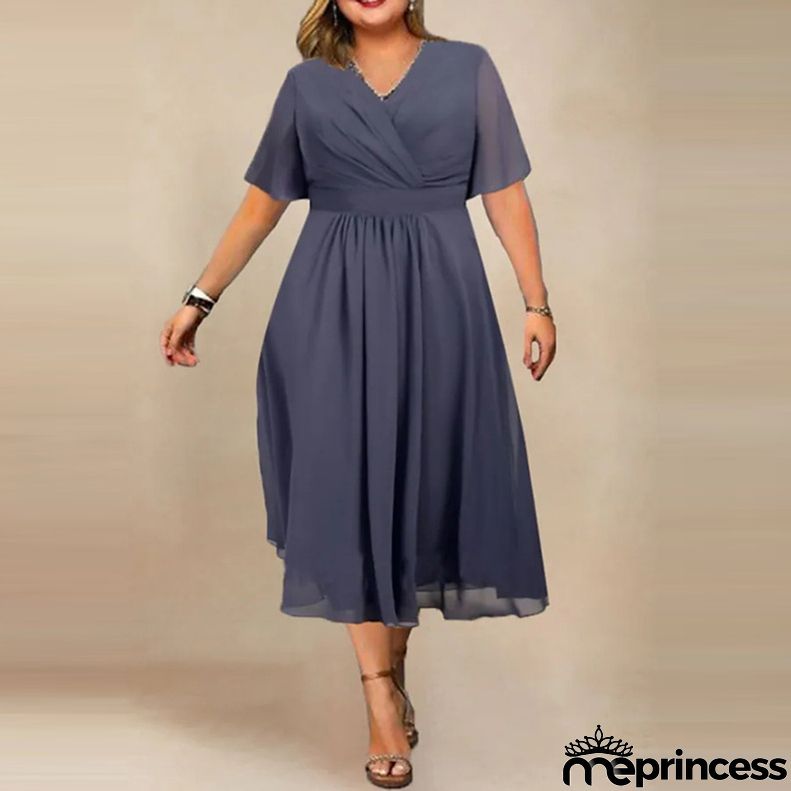 Women Fashion Plus Size Solid Color V-Neck Creased Short Sleeve Dress