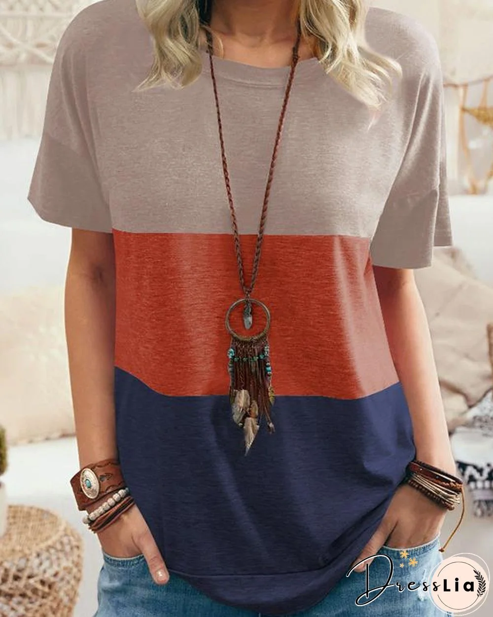 Women Summer Color Stitching Casual T-shirt