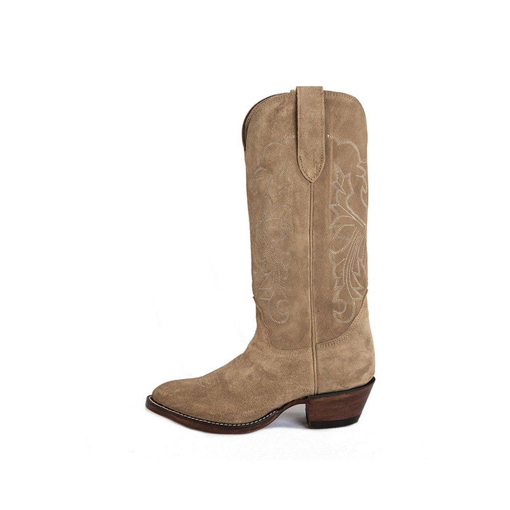 Vegan suede Chunky Heel Embroidered Mid-Calf Cowgirl Boots in Brown