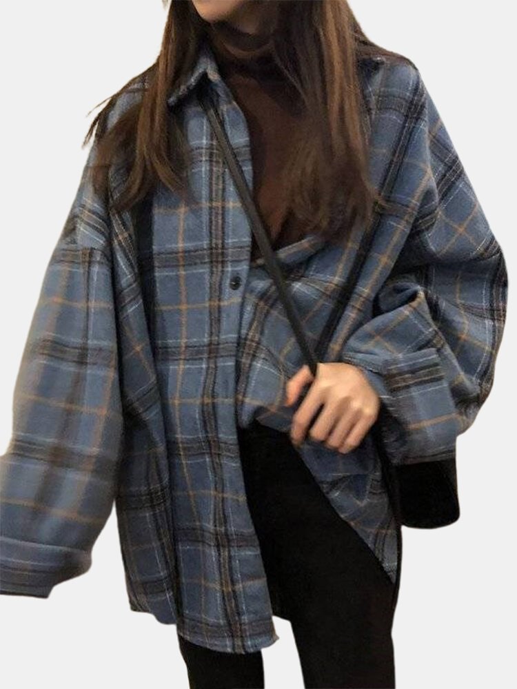 Plaid Print Button Long Sleeves Casual Blouses for Women P1782676