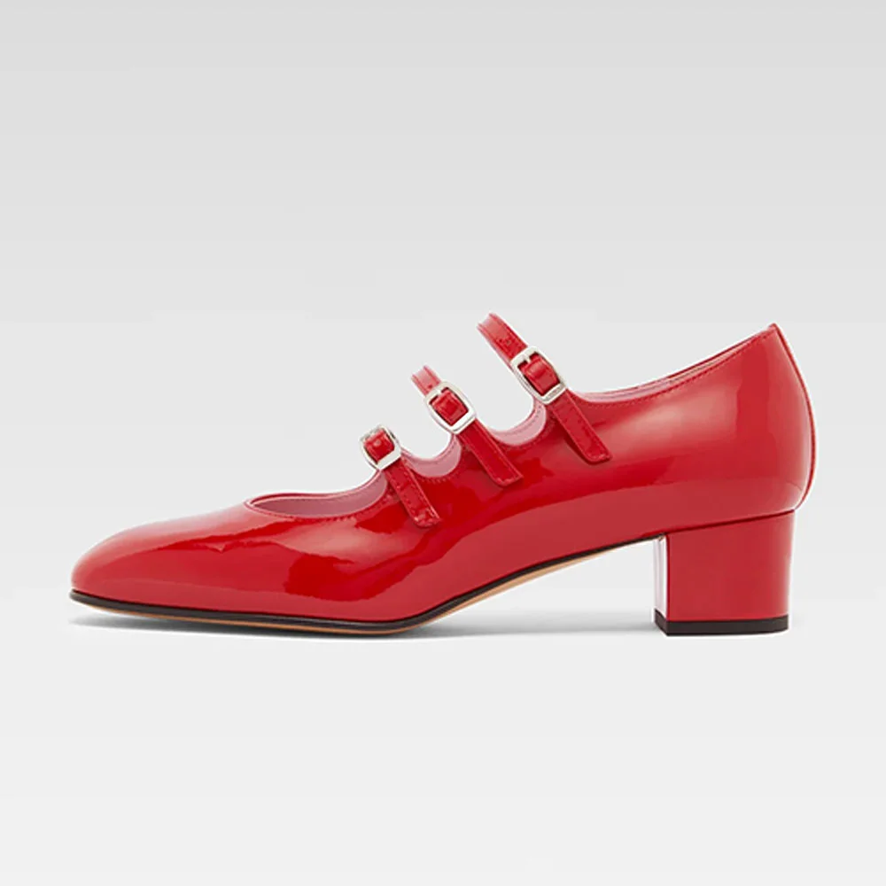 Red Square Toe Buckled Mary Jane Block Low Heel Pumps for Women