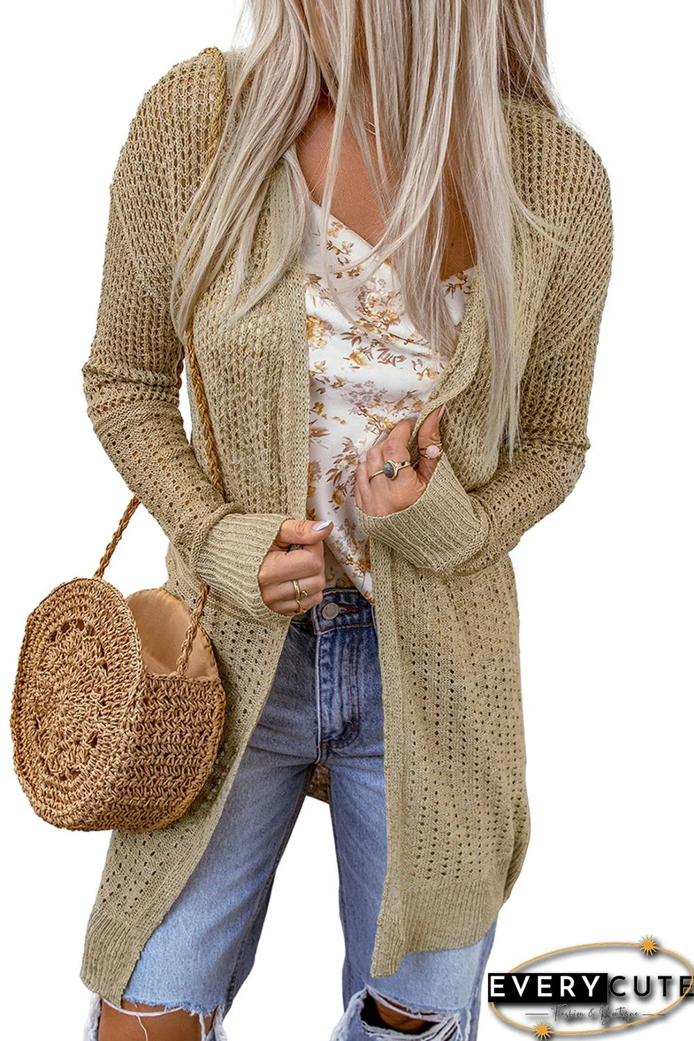 Apricot Lightweight Hollowed Knit Open Front Cardigan