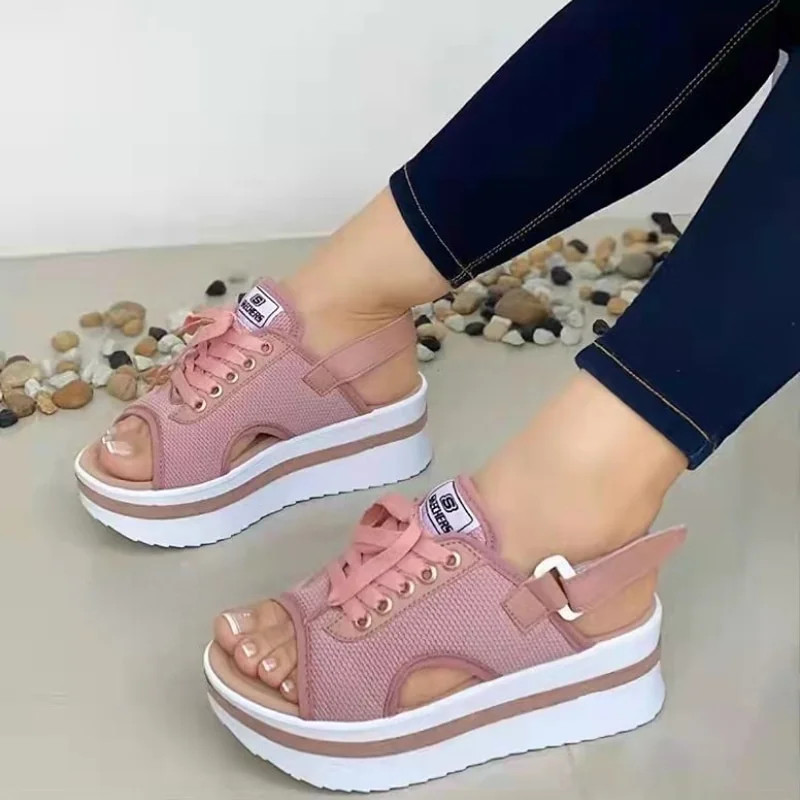 Qengg New Women's Sandals Fashion Fish Mouth Beach Sandals Platform Waterproof Lace-Up Casual Shoes Zandalias Mujer Verano 2022