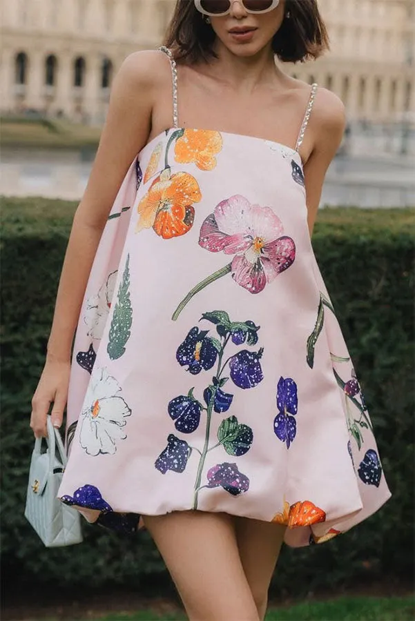 Whimsical Charm Wildflowers Print Embellished Shoulder Straps Bubble Hem A-line Mini Dress