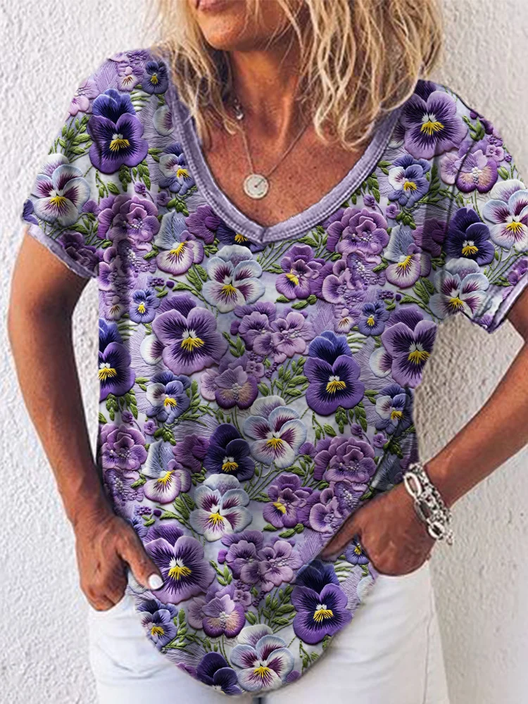 Comstylish Pansy Floral Embroidery Pattern V Neck T Shirt