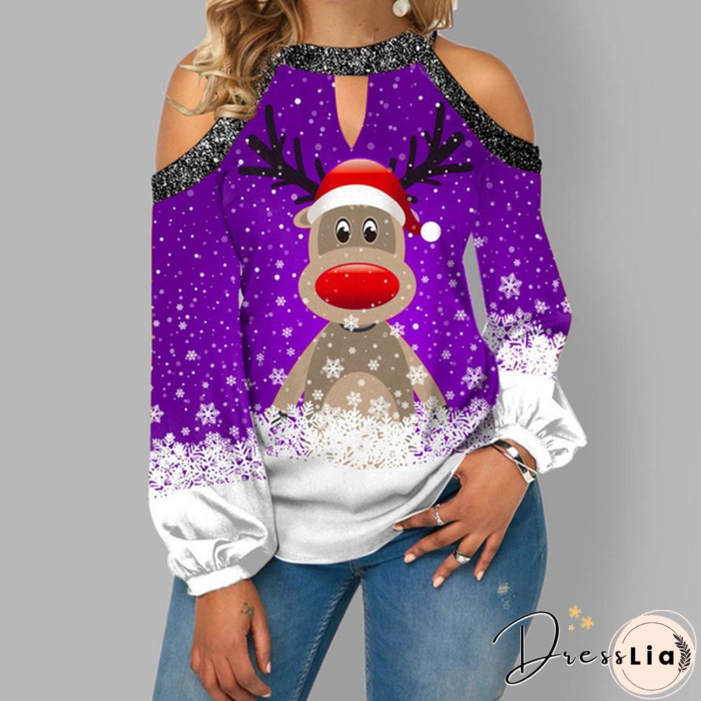 Spring and Early Autumn New Fashion Womens Christmas Printed Long Sleeve V-neck Off