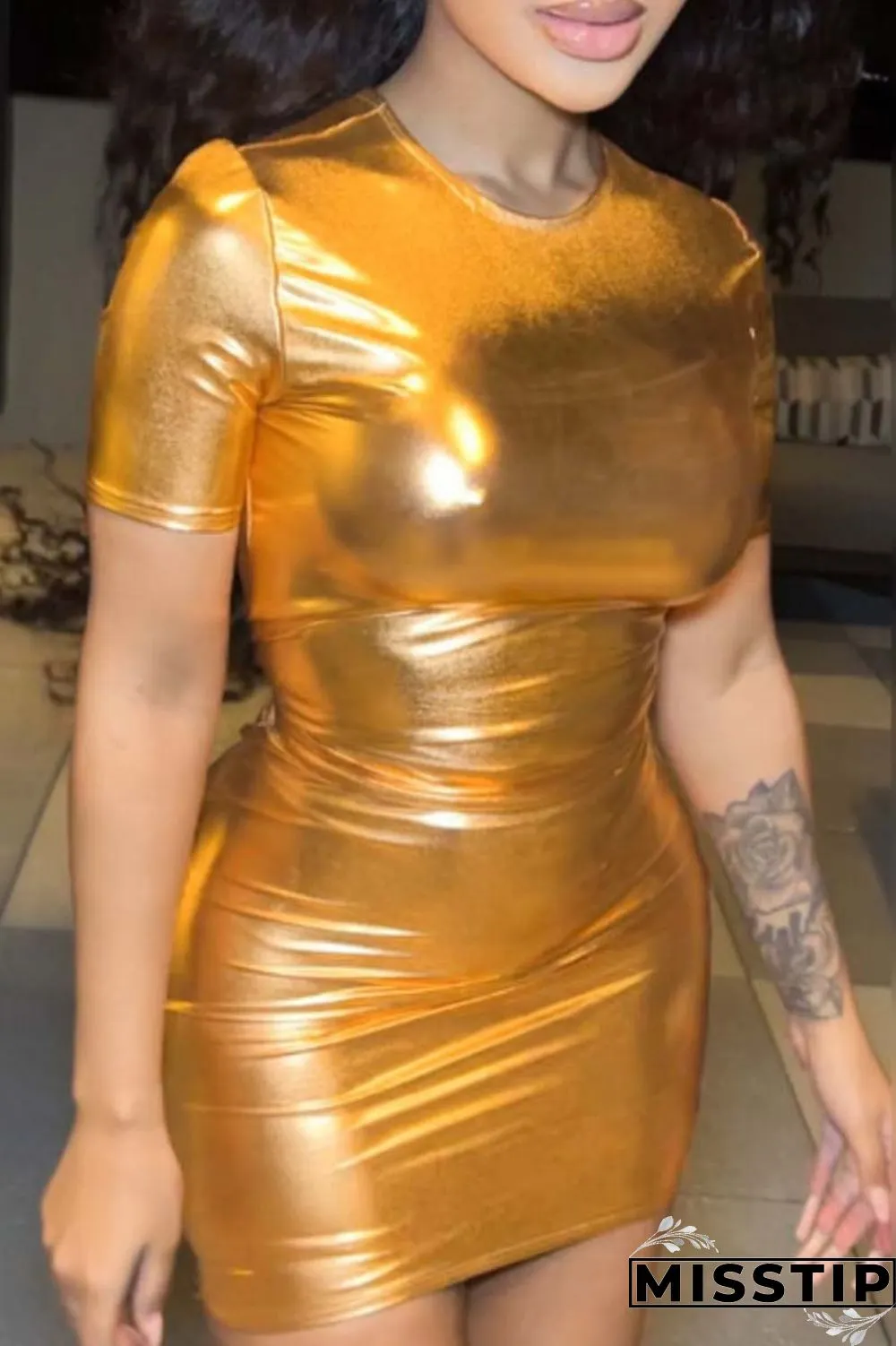 Gold Casual Solid Basic O Neck Short Sleeve Dress
