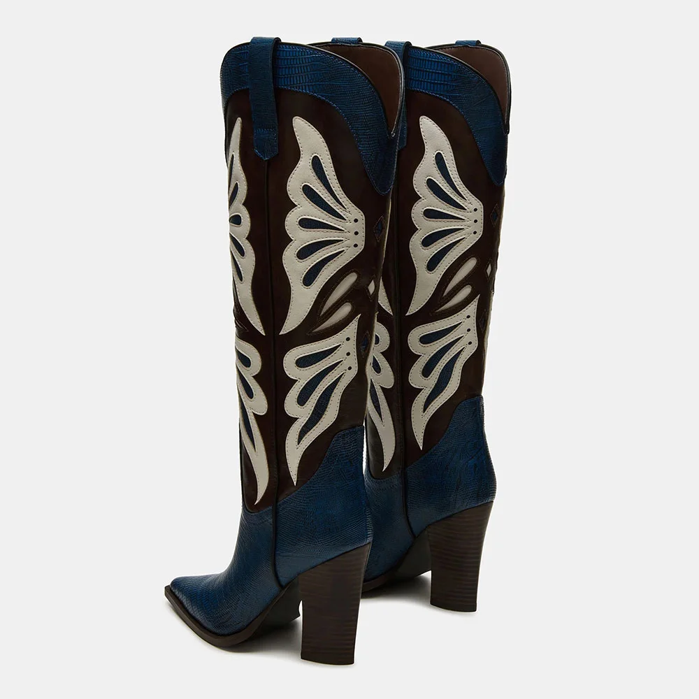 Blue Chunky Heel Butterfly Inlay Pointed Toe Western Boots for Women