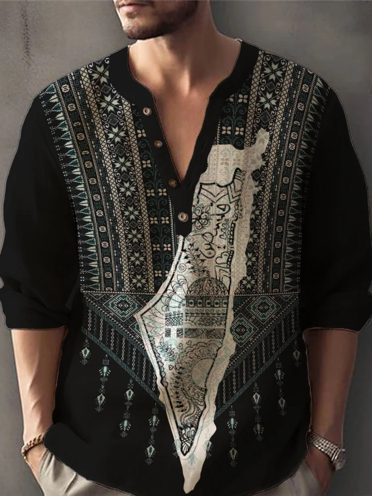 Men's Palestine Map Ethnic Pattern Linen Blend Henley Shirt