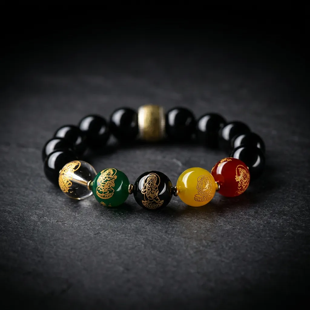 Obsidian Prosperity Guardian Bracelet | S925 Sterling Silver & Five Deities Prosperity Guardian - 12mm